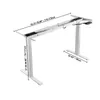 A white electric standing desk frame with dimensions indicated by measurement lines and text. Voir les images du produit