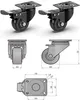 A collage showing two black swivel casters with brakes from different angles and detailed diagrams with dimensions. Anteprima dell’immagine prodotto