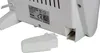A close-up view of the bottom rear of a white quartz heater, showing a detached plastic cover and a label with product information and symbols. Náhľad obrázku produktu