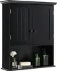 A black wooden bathroom cabinet with two doors and an open shelf below, decorated with a flower in a vase, a bar of soap, and two soap dispensers. Podgląd zdjęcia produktu