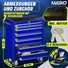 A blue MASKO workshop trolley with 7 drawers, shown with dimensions and accessories. Produktbild-Vorschau