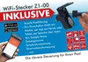 A marketing image for a WiFi smart plug, showing the product, a smartphone with an app interface, and feature icons. Produktbild-Vorschau