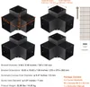 A collage of four black corner brackets for a pergola or similar structure, along with a diagram showing dimensions and a package content list. Náhled obrázku produktu