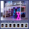 A loft bed with a desk, chair, and LED lighting, set up in a modern room with neon accents. Produktbild-Vorschau