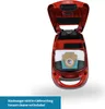The image shows the inside of a red vacuum cleaner with a dust bag installed. The lid of the vacuum cleaner is open. Produktbild-Vorschau