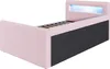 A pink upholstered bed frame with a slatted base and a headboard with integrated LED lighting. Podgląd zdjęcia produktu