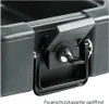 A close-up view of the lock and handle of a black fireproof document box. Produktbild-Vorschau