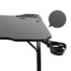 A close-up view of a black gaming desk, showing its textured surface and a cup holder attachment. Anteprima dell’immagine prodotto