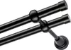 A close-up, angled view of a black double curtain rod with decorative finials and rings, set against a white background. Podgląd zdjęcia produktu