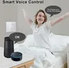 A woman is waking up in bed and stretching, with smart home devices and a thermostat visible. Produktbild-Vorschau