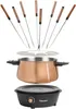 An exploded view of a copper fondue set with a black electric base and eight fondue forks. Podgląd zdjęcia produktu