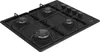 A black gas hob with four burners and control knobs, shown from a slightly elevated angle against a white background. Produktbild-Vorschau