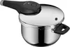 A stainless steel pressure cooker with a black handle and lid. Náhled obrázku produktu