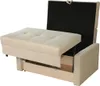 A beige sofa bed with its mattress extended, revealing storage underneath. Náhľad obrázku produktu
