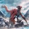 A dinosaur figurine in a snowy, mountainous environment. Podgląd zdjęcia produktu