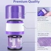 An exploded view of a purple and white vacuum cleaner filter with accompanying text descriptions and close-up images of the filter materials. Produktbild-Vorschau