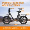 An electric bicycle is shown outdoors with various measurements and specifications overlaid as text. Produktbild-Vorschau