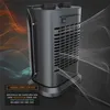 A black and gray ceramic heater with orange and blue heat/cool waves emanating from it, indicating its dual functionality. Produktbild-Vorschau