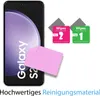 A smartphone screen protector kit with cleaning wipes and a microfiber cloth, presented with marketing text. Produktbild-Vorschau