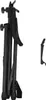 A black cello stand is shown folded and standing upright against a white background. A small black accessory is placed to the right of the stand. Náhled obrázku produktu