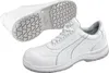A pair of white Puma safety shoes, with one shoe shown from the side and the other from the sole. Produktbild-Vorschau