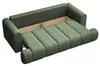 A green sofa with its sleeping function extended, revealing storage space underneath. Produktbild-Vorschau