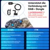 A diagram showing a car's interior and engine, with a comparison of DAB+ and FM radio features, and an illustration of a DAB+ dongle. Voir les images du produit