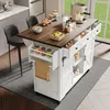 A kitchen island with a wooden top, white base, and various kitchen items on top and in its drawers and cabinets. Two black bar stools are placed in front of the island. Podgląd zdjęcia produktu