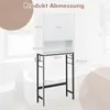 A white storage cabinet with two doors and an open shelf, mounted above a black metal shelving unit designed to fit over a toilet or washing machine. Dimensions are indicated with text and lines. Produktbild-Vorschau