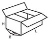 A line drawing of an open cardboard box with dimensions labeled. Produktbild-Vorschau
