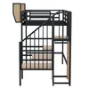A black metal bunk bed with wooden steps and shelves, shown from the side against a white background. Podgląd zdjęcia produktu