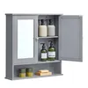 A gray bathroom cabinet with a mirror and open doors, displaying various toiletries. Náhled obrázku produktu