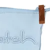 A close-up of a light blue pencil case with embroidered text and a brown leather tag. Produktbild-Vorschau