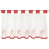 A white kitchen curtain with red tabs and a red border, decorated with pink rose motifs. Produktbild-Vorschau