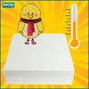 A cartoon chick wearing a scarf and boots stands on a white styrofoam box next to a thermometer. The background is yellow with radiating lines. Náhľad obrázku produktu