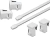 A set of white adjustable curtain rods and their mounting hardware are arranged on a white background. Produktbild-Vorschau