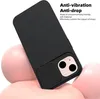 A black phone case is displayed on pink spheres, with text describing its features. Produktbild-Vorschau