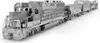 A metallic model train set with a locomotive and four freight cars, displayed on a white background. Voir les images du produit