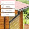 A close-up view of a wooden shed with a gutter system and roof, featuring informational overlays. Produktbild-Vorschau