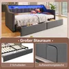 A collage showing a grey upholstered bed with blue LED lighting, storage drawers, and close-ups of the drawer mechanism and a storage pocket. Náhled obrázku produktu