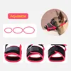 A collage of images showing a dog muzzle, its different sizes, and how it fits on a dog's snout. Podgląd zdjęcia produktu