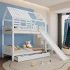 A child's bedroom with a white bunk bed featuring a house-shaped frame, a slide, and stairs. Produktbild-Vorschau