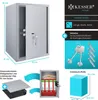 Collage of images showing a safe, its dimensions, included accessories, and internal view. Produktbild-Vorschau