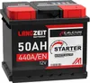 A black car battery with red and white labeling. Produktbild-Vorschau