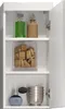 A white bathroom cabinet with its door open, displaying various items on its shelves. Produktbild-Vorschau