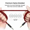 Hands holding a braided cable with text overlays describing its features. Podgląd zdjęcia produktu