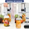 A split image showing a manual vacuum pump being used on a jar on the left, and a vacuum sealer machine connected to a jar on the right. Podgląd zdjęcia produktu