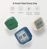 Three digital alarm clocks are displayed on a white background, with icons and text describing their features above. Podgląd zdjęcia produktu
