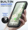A hand holding a black smartphone case with a built-in screen protector, showcasing its features. Produktbild-Vorschau