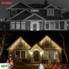 A split image showing a house at night without and with Christmas lights. Produktbild-Vorschau